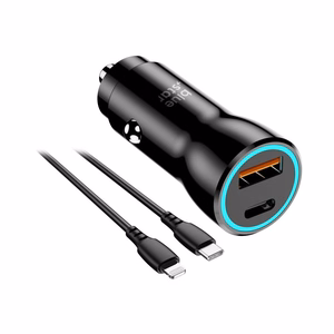 Autolaturi Blue Star USB C + USB A QC3.0 PD AFC PPS 3A 25W + kaapeli USB C - Lightning musta