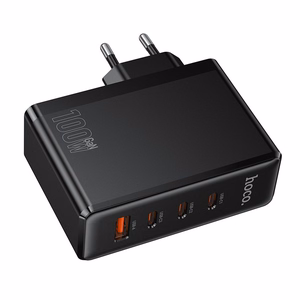 Hoco N85 100 W -laturi, jossa on 3 USB-C-porttia ja 1 USB-A-portti, musta