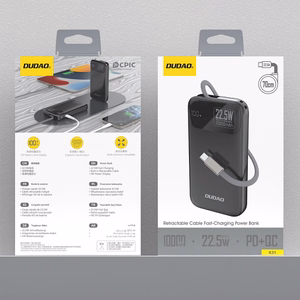Dudao K31 10000 mAh 22.5W PD Powerbank sisäänrakennetulla kaapelilla - musta