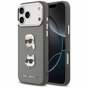Karl Lagerfeld FW Grained Karl & Choupette Heads Pins & Logo -suojakuori iPhone 17 Pro Max - harmaa