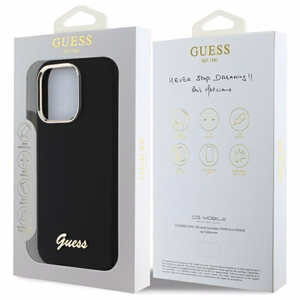 Guess Silikoninen Script Metal Logo & Frame Suojakuori iPhone 16 Pro Max:lle - musta