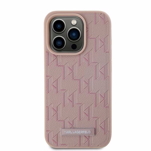Karl Lagerfeld Nahkainen Monogram Metal Logo Suojakuori iPhone 15 Pro Maxille - vaaleanpunainen