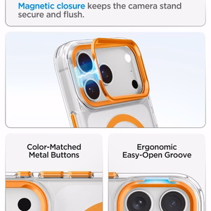 Spigen Ultra Hybrid Optik S MagSafe -suojakuori iPhone 18 Pro Max / 17 Pro Max -malleille, läpinäkyvä oranssi