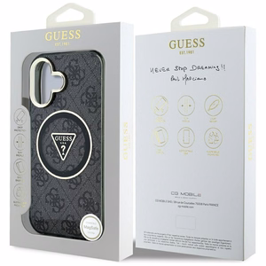 GUESS Suojakuori iPhone 16:lle MagSafe-yhteensopiva GUHMP16SHG4PRTGK (IML Metal Glitter 4G Circle Triangle) Musta