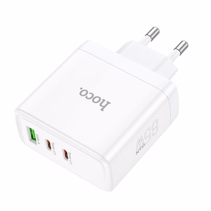 Laturi Hoco 2 x USB-C + USB-A GaN QC PD 65W N30 valkoinen