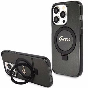 Guess Ring Stand Script Glitter MagSafe Suojakuori iPhone 15 Prolle - musta