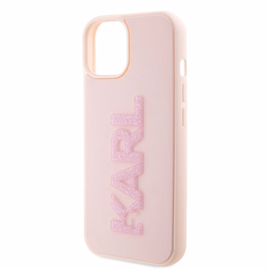 Karl Lagerfeld 3D Rubber Glitter Logo Suojakuori iPhone 15 Plus:lle - vaaleanpunainen