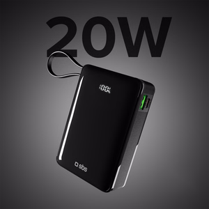 Powerbank SBS 20000 mAh 20W, jossa on sisäänrakennettu USB-C-kaapeli ja digitaalinen näyttö - musta