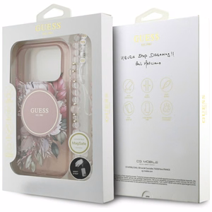 Guess IML Flowers Pearl Strap MagSafe suojakuori iPhone 17 Pro - pinkki