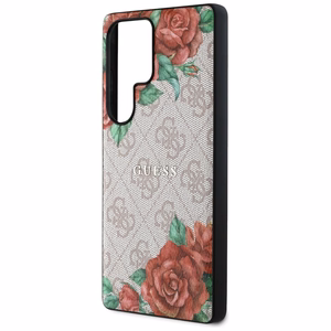 Guess Nahkainen 4G Flowers Print Metal Classic Logo MagSafe Suojakuori Samsung Galaxy S25 Ultralle - vaaleanpunainen