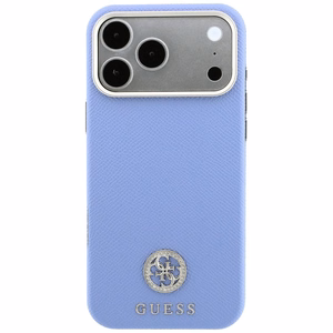 Guess Grained Round Strass Logo -suojakuori laitteelle iPhone 18 Pro / 17 Pro, MagSafe-yhteensopiva – sininen