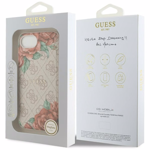 GUESS 4G Flowers Print MagSafe Alkuperäinen Suojakuori iPhone 17e/16e:lle - Vaaleanpunainen