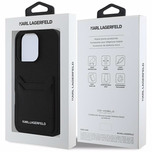 Karl Lagerfeld HC Grained PU CardSlot Metal Elong Suojakuori iPhone 16 Pro Max:lle - Musta