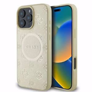 Guess Saffiano Peony Classic Logo MagSafe case for iPhone 16 Pro - gold