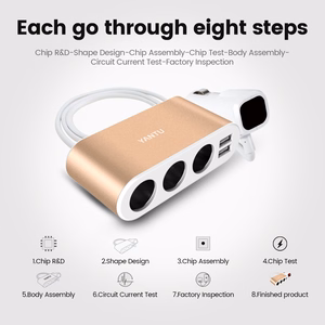 Car Cigarette Lighter Socket Splitter B08 - 3 sockets + 2xUSB - 3,1A 120W with display and cable gold