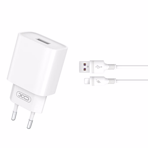 XO seinälaturi CE02D QC 3.0 18W 1x USB, valkoinen + Lightning-kaapeli
