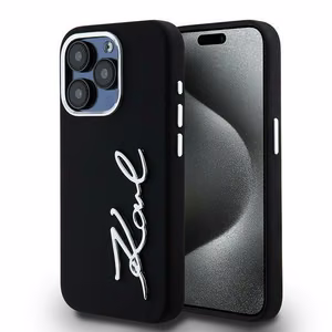Karl Lagerfeld Silikoninen Metal Script Logo iPhone 15 Pro Max Suojakuori - Musta