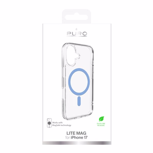 Puro Lite Mag TPU+PC suojakuori MagSafe-yhteensopiva iPhone 17:lle - läpinäkyvä sinisellä renkaalla