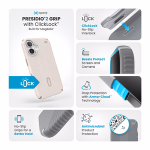 Speck Presidio2 Grip -suojakuori MagSafe- ja ClickLock-tuella iPhone 16:lle, Bleached Bone/Heirloom Gold