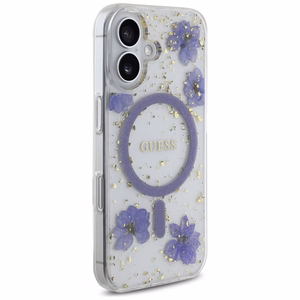 Guess Resin Flowers Glitter MagSafe Suojakuori iPhone 16:lle - Violetti
