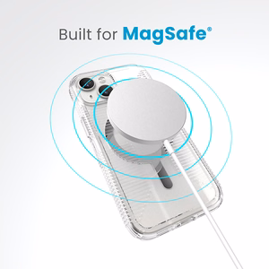 Speck GemShell Grip MagSafe -suojakuori iPhone 17e / 16e / 15 / 14 / 13 -laitteelle, läpinäkyvä krominvärisillä yksityiskohdilla