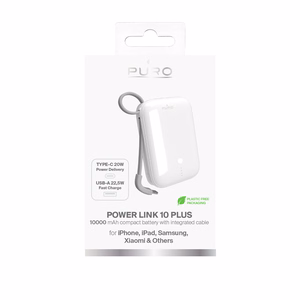 Puro Power Link 10 Plus 10000mAh tehopankki sisäänrakennetulla USB-C-kaapelilla - valkoinen