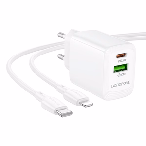 Borofone Wall charger BN29 Fuente - USB + Type C - QC 3.0 PD 30W with Type C to Lightning cable white