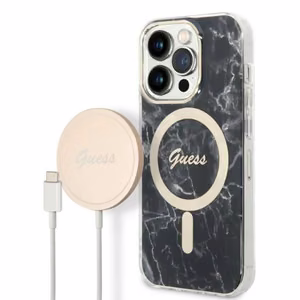 Set Guess GUBPP14LHMEACSK suojakuori + laturi iPhone 14 Pro 6.1 musta/musta kova suojakuori Marble MagSafe