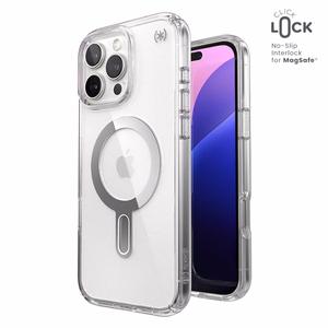 Speck Presidio Perfect-Clear -suojakuori MagSafe- ja ClickLock-tuella iPhone 16 Pro Max:lle, Clear/Chrome
