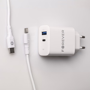 Forever TC-07-30AC PD QC charger 1x USB-C 1x USB 30W white + USB-C - USB-C cable 60W