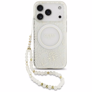 Guess IML Flowers Allover Electroplated MagSafe suojakuori helminauhalla mallille iPhone 18 Pro / 17 Pro – väri: valkoinen