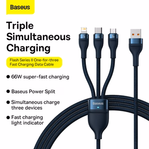 Baseus Flash Series II 3-in-1 -kaapeli USB-A - USB-C/Lightning/Micro USB - 66W 6A 1,2 m CASS040003 - sininen