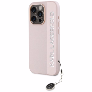 Karl Lagerfeld Saffiano Rhinestones & Charm Suojakuori iPhone 15 Pro:lle - vaaleanpunainen