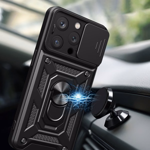 Hybrid Armor Camshield Suojakuori jalustalla ja kamerasuojalla iPhone 15 Pro:lle - vaaleanpunainen