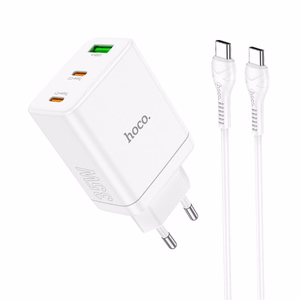 Puhelinlaturi Hoco 2 x USB C + USB A QC3.0 PD 3A 35W + kaapeli USB C - USB C N33 valkoinen
