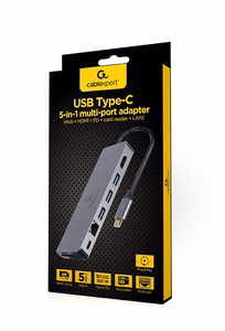 Gembird A-CM-COMBO5-05 USB Type-C 5-in-1 moniporttinen adapteri (keskitin + HDMI + PD + kortinlukija + LAN)