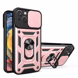 Hybrid Armor Camshield Suojakuori jalustalla ja kamerasuojalla iPhone 15 Plus:lle - vaaleanpunainen