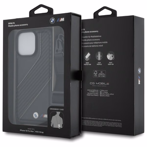 BMW M Edition Carbon Stripe & hihna suojakuori iPhone 16 Pro Max:lle - musta