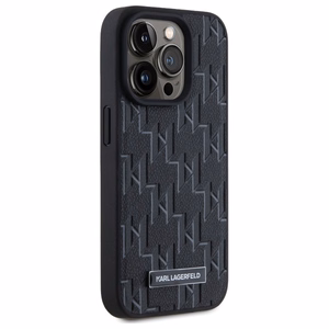 Karl Lagerfeld Leather Monogram Metal Logo MagSafe iPhone 15 Pro Suojakuori - Musta