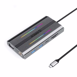 Orico XCR 12-in-1 RGB USB-C-telakointiasema 3x USB-A USB-C PD 100W HDMI 4K VGA RJ45 Gigabit SD- ja microSD-kortinlukija - harmaa