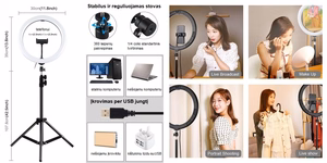 LED-rengaslamppu 30 cm pöytäjalustan kiinnikkeellä enintään 1,1 m, puhelimen pidike, USB