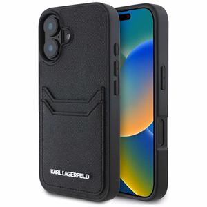Karl Lagerfeld HC Grained PU Cardslot Metal Elong iPhone 16 Suojakuori - Musta