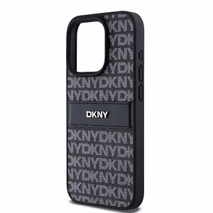 DKNY Nahkainen Mono Raita ja Metallinen Logo Suojakuori iPhone 15 Pro:lle - musta