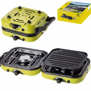 Meva DUAL COMPACT + GRILL retkikaasukeitin kaasupatruunoille, taitettava 2-polttiminen malli grillilevyllä