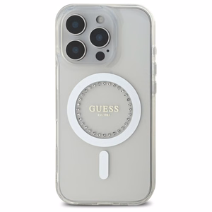 Guess IML Rhinestones MagSafe Suojakuori iPhone 16 Pro Maxille - valkoinen