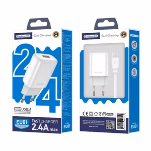 Laturi Jellico EU01 2.4A USB-A + USB-A-MicroUSB-kaapeli 1.0m valkoinen