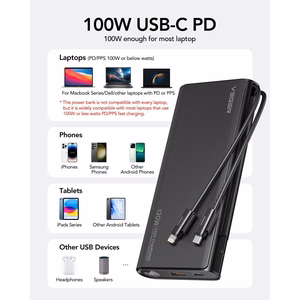 Ulkoinen akku Veger TCE130 (W2503) PD 130W 25000 mAh sisäänrakennetuilla Type C -kaapeleilla / Lightning musta
