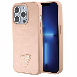 Guess GUHCP15XPCRTHCP iPhone 15 Pro Max vaaleanpunainen/vaaleanpunainen kovakuori Croco Triangle Metal Logo