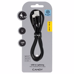 Blavec kaapeli Candy punottu - USB - Lightning - 2,4A 1 metri Apple CarPlay (CCA-UL24B10) musta
