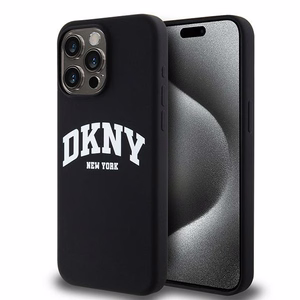 DKNY Liquid Silikoninen White Printed Logo MagSafe Suojakuori iPhone 14 Pro Max:lle - musta